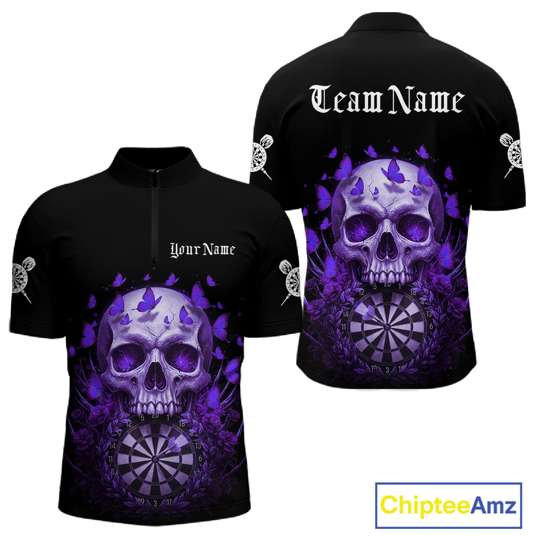 Custom Purple Butterflies Skull Head Flowers Dartboard Men Darts Quarter-Zip Shirt, Dart Jerseys NYN1840