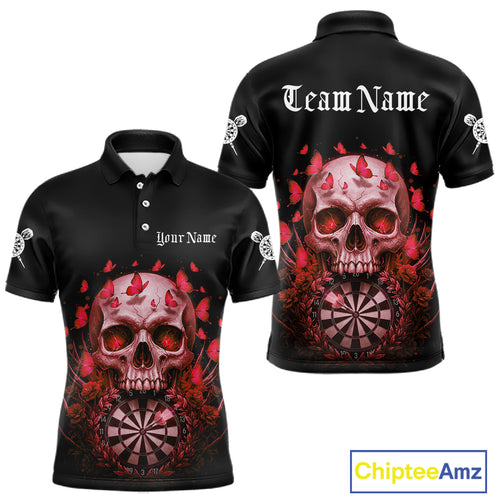 Custom Red Butterflies Skull Head Flowers Dartboard Men Darts Polo Shirt, Dart Jerseys NYN1841