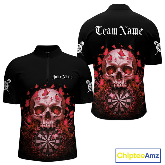 Custom Red Butterflies Skull Head Flowers Dartboard Men Darts Quarter-Zip Shirt, Dart Jerseys NYN1841