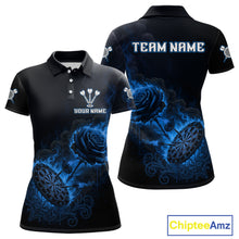 Load image into Gallery viewer, Custom Black And Blue Flames Roses Dartboard Women Darts Polo Shirt, Dart Team Jerseys NYN1846