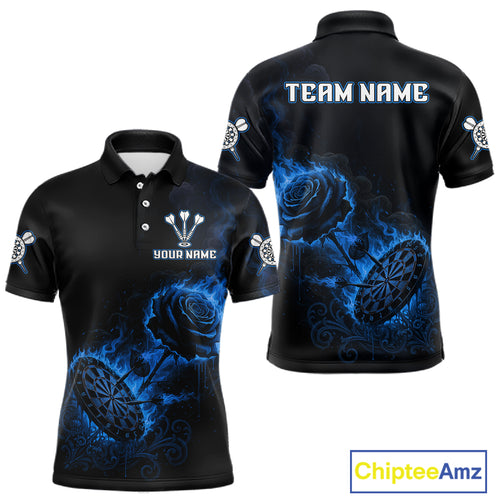 Custom Black And Blue Flames Roses Dartboard Men Darts Polo Shirt, Dart Team Jerseys NYN1846