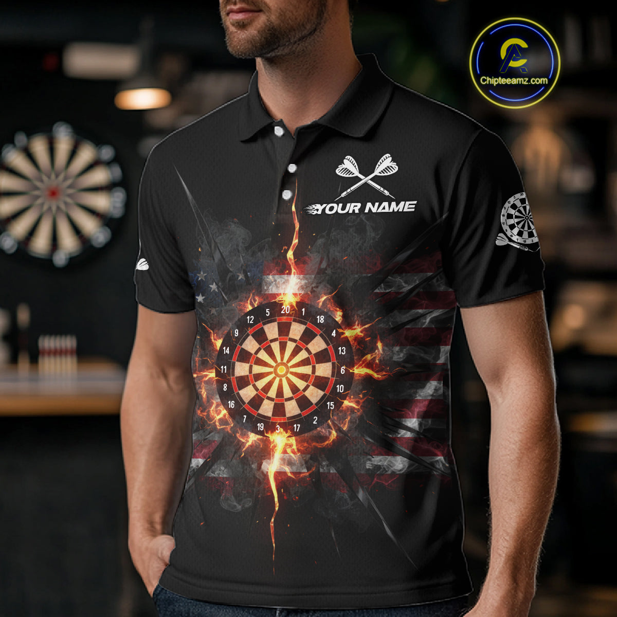 Smoke US Flag Fire Flame Dartboard Custom Men Darts Polo Shirt Patriotic Dart Jerseys NYN1859