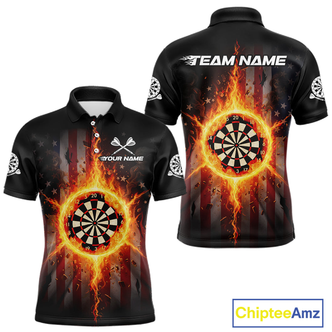US Flag Fire Flame Cracked Dartboard Custom Men Darts Polo Shirt Patriotic Dart Jerseys NYN1860