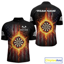 Load image into Gallery viewer, US Flag Fire Flame Cracked Dartboard Custom Men Darts Quarter-Zip Shirt Patriotic Dart Jerseys NYN1860
