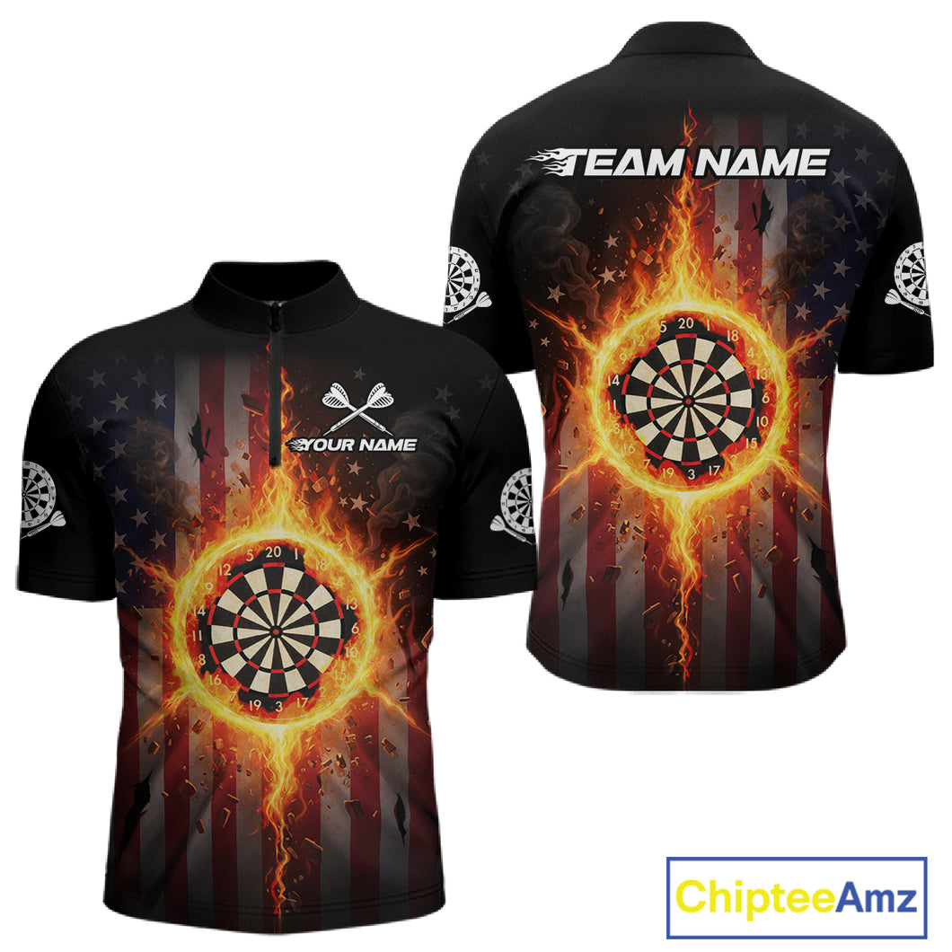 US Flag Fire Flame Cracked Dartboard Custom Men Darts Quarter-Zip Shirt Patriotic Dart Jerseys NYN1860