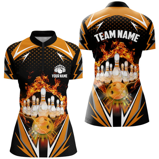 Orange Bowling Shirt Camo Bowling Shirt Customized Flame Bowling Jersey Unisex 1/4 Zip Shirt for Women QZT259