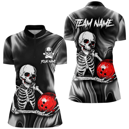 Personalized Bowling Shirt Women Skull Bowling Team Jersey Quarter-Zip Shirt for Bowler QZT418