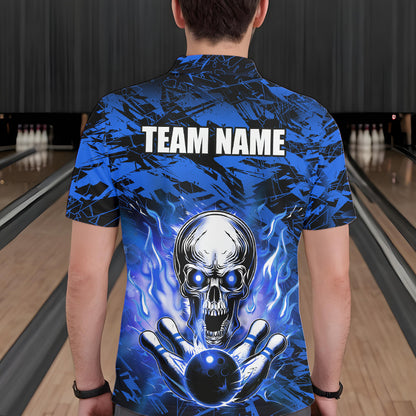 Personalized Blue Flame Skull Bowling Jersey Camo Polo Bowling Team Shirt QZT670