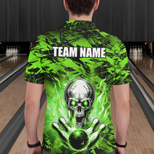 Load image into Gallery viewer, Personalized Green Flame Skull Bowling Jersey Camo Polo Bowling Team Shirt QZT670