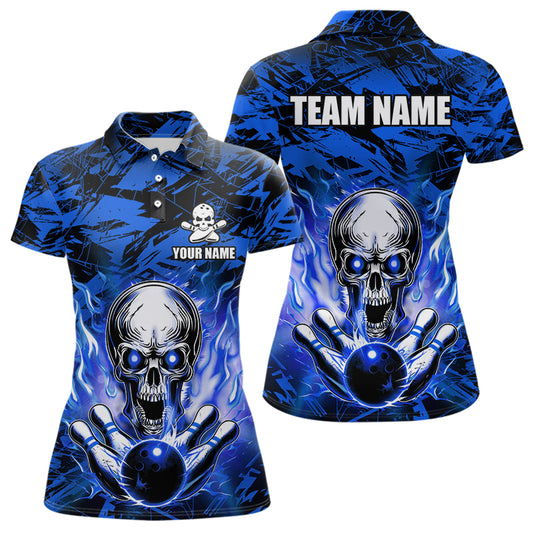 Personalized Blue Flame Skull Bowling Jersey Camo Polo Bowling Team Shirt QZT670