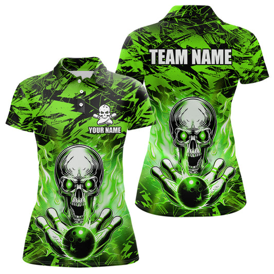 Personalized Green Flame Skull Bowling Jersey Camo Polo Bowling Team Shirt QZT670