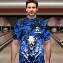 Load image into Gallery viewer, Personalized Blue Flame Skull Bowling Jersey Camo Quarter-Zip Bowling Team Shirt QZT670