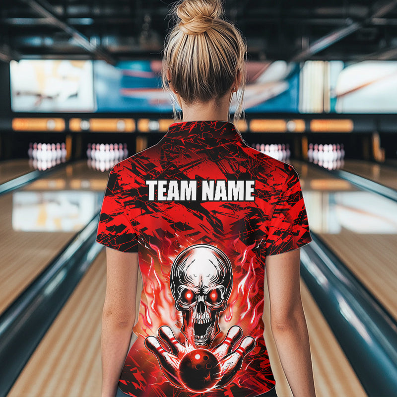 Personalized Red Flame Skull Bowling Jersey Camo Quarter-Zip Bowling Team Shirt QZT670