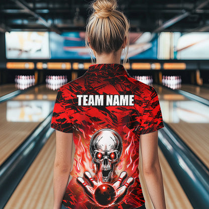 Personalized Red Flame Skull Bowling Jersey Camo Quarter-Zip Bowling Team Shirt QZT670