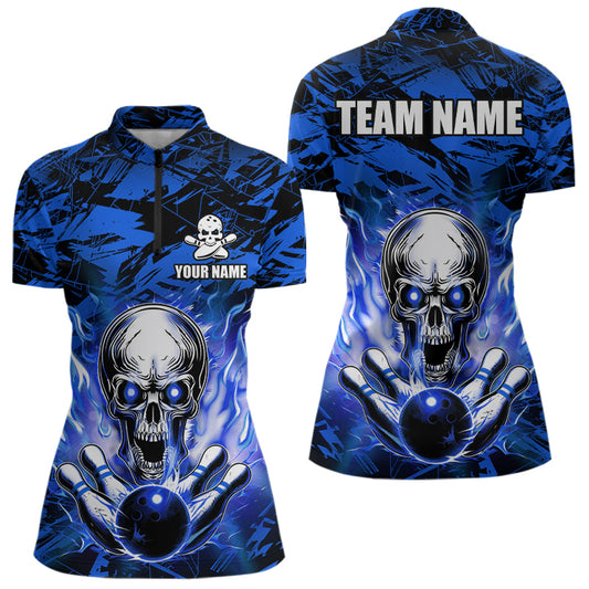 Personalized Blue Flame Skull Bowling Jersey Camo Quarter-Zip Bowling Team Shirt QZT670