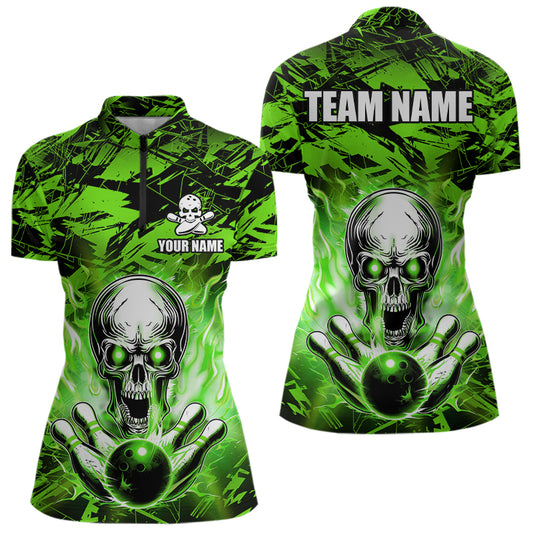 Personalized Green Flame Skull Bowling Jersey Camo Quarter-Zip Bowling Team Shirt QZT670