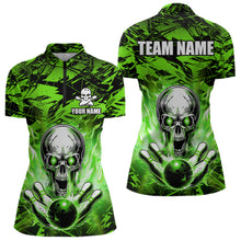 Load image into Gallery viewer, Personalized Green Flame Skull Bowling Jersey Camo Quarter-Zip Bowling Team Shirt QZT670