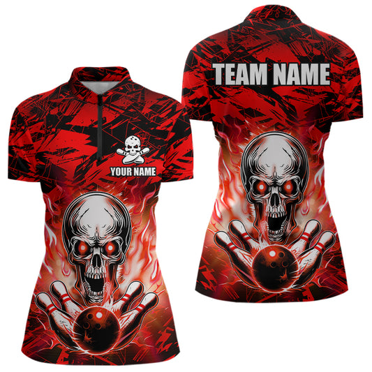 Personalized Red Flame Skull Bowling Jersey Camo Quarter-Zip Bowling Team Shirt QZT670