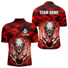 Load image into Gallery viewer, Personalized Red Flame Skull Bowling Jersey Camo Quarter-Zip Bowling Team Shirt QZT670