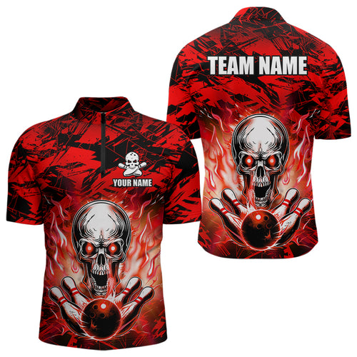 Personalized Red Flame Skull Bowling Jersey Camo Quarter-Zip Bowling Team Shirt QZT670