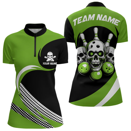 Custom Green Skull Bowling Shirt Quarter-Zip Bowling Jersey for Men Women Bowling Outfit QZT671