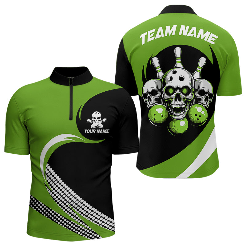 Custom Green Skull Bowling Shirt Quarter-Zip Bowling Jersey for Men Women Bowling Outfit QZT671