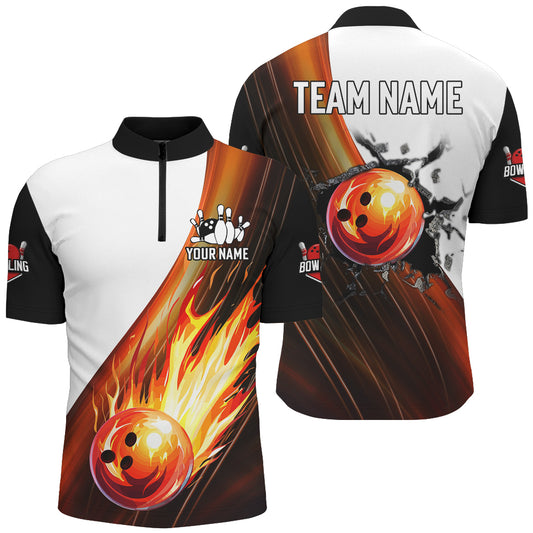 Custom Men Flames Bowling Shirt Fire Bowling Jersey Quarter Zip Bowling Performance QZT506