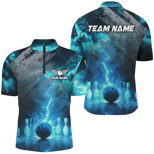 Turquoise Bowling Shirt Custom Thunder Bowling Team Jersey Quarter Zip Shirt for Men QZT476