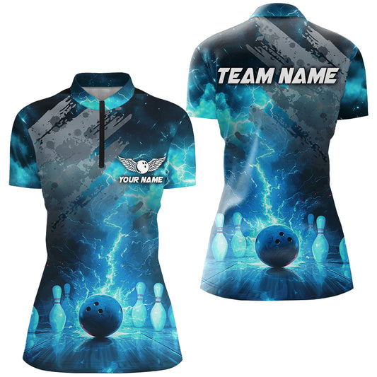 Turquoise Bowling Shirt Custom Thunder Bowling Team Jersey 1/4 Zip Shirt for Women QZT476
