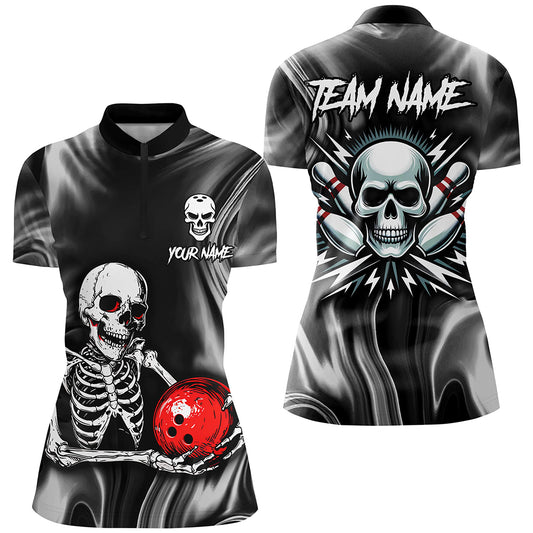 Skull Bowling Shirt Personalized Bowling Team League Skull 1/4 Zip Shirt for Women QZT285