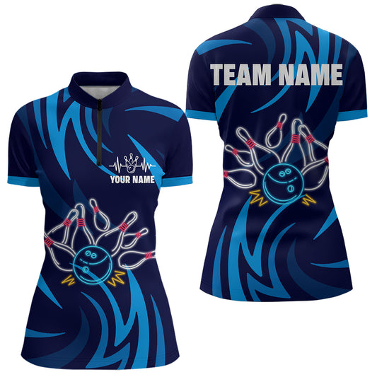 Personalized Neon Blue Bowling Shirts for Men Women Bowling Quarter-Zip Team Jersey QZT590