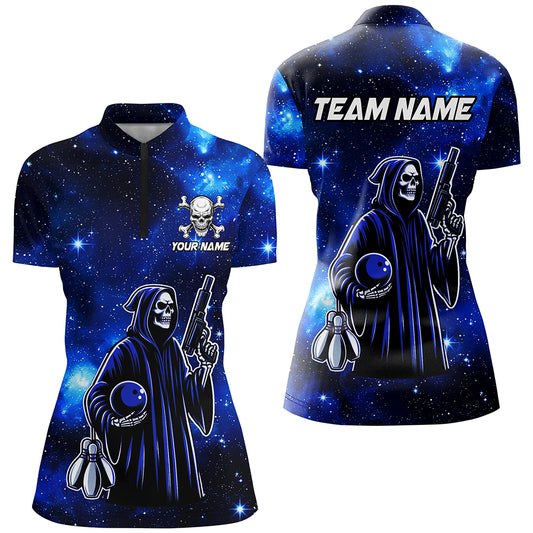 Personalized Bowling Shirt for Women Skull Bowling Team League 1/4 Zip Shirt Unisex QZT301