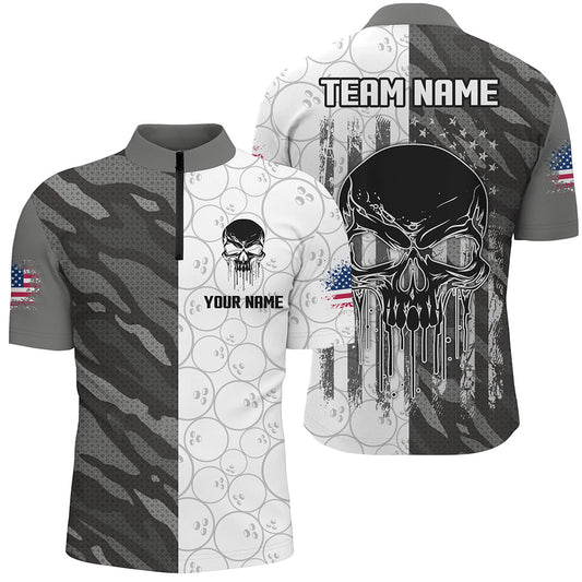 Personalized Men 3D Bowling Team Jersey Skull Bowling Quarter Zip  Shirts QZT467