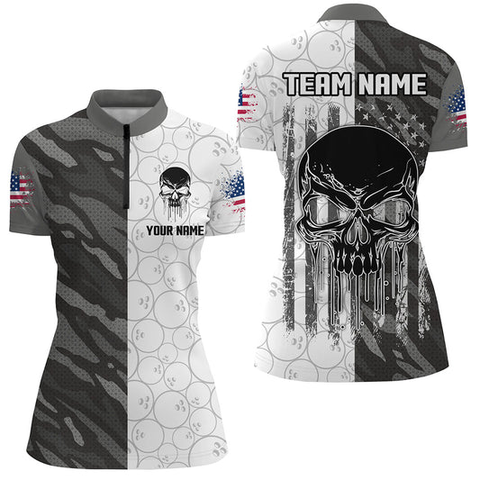 Personalized Women 3D Bowling Team Jersey Skull Bowling Quarter Zip Shirts QZT467