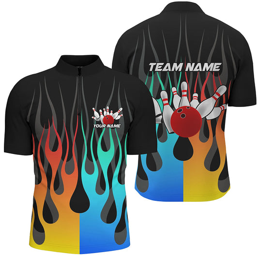 Custom Men Bowling Shirts Flame Bowling Team Jersey Quarter Zip Bowling Gifts QZT507