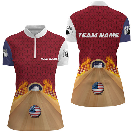 Personalized Bowling Shirt with Name Quarter-Zip Bowling Jersey for Women Flame Bowling Shirt Unisex QZT286