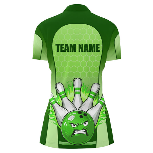 Personalized Bowling Shirt Green 1/4 Women Zip Bowling Jersey Bowling Team League Unisex QZT278