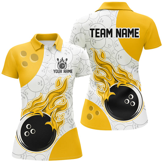 Bowling team shirt with flames and a bowling ball design on a white background