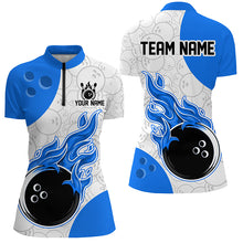 Load image into Gallery viewer, Bowling jersey with blue and white design featuring flames and a bowling ball, with customizable text areas.