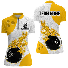 Load image into Gallery viewer, Bowling jersey with flame design and customizable text on a white background