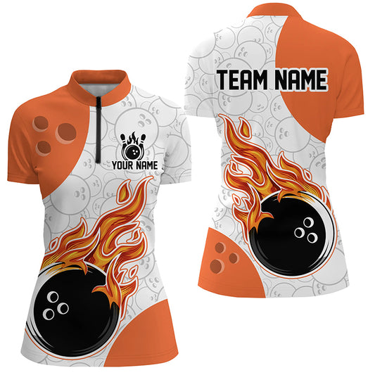Bowling jersey with flame design and customizable text on a white background