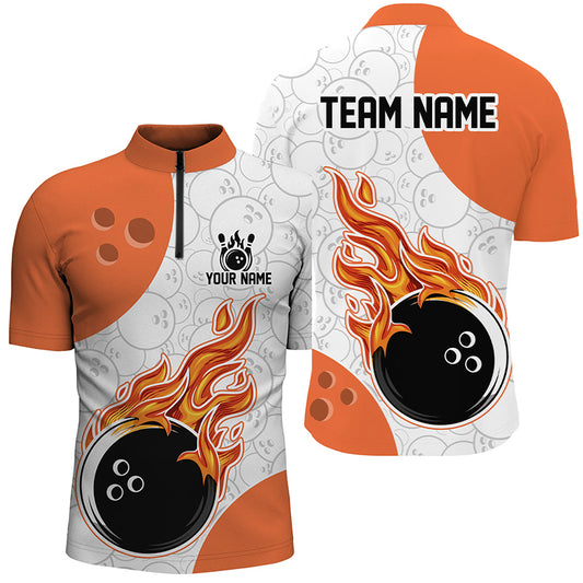 Bowling jersey with flames and customizable text on a white background
