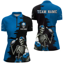 Load image into Gallery viewer, Personalized Skeleton Bowling Shirt for Women Skull Bowling Jersey Quarter Zip Bowling Shirt QZT407