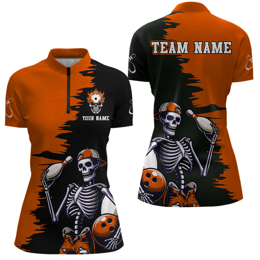 Personalized Skeleton Bowling Shirt for Women Skull Bowling Jersey Quarter Zip Bowling Shirt QZT407