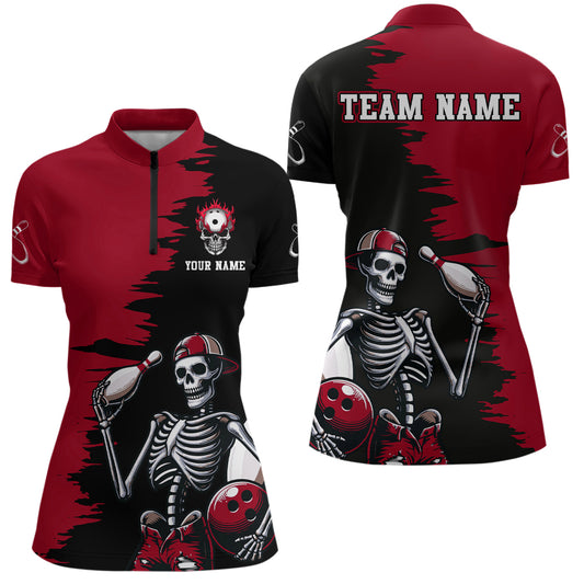 Personalized Skeleton Bowling Shirt for Women Skull Bowling Jersey Quarter Zip Bowling Shirt QZT407