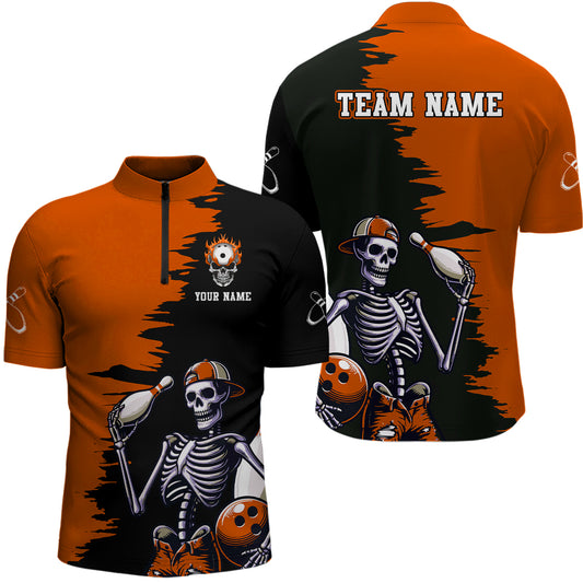 Personalized Skeleton Bowling Shirt for Men Skull Bowling Jersey Quarter Zip Bowling Shirt QZT407