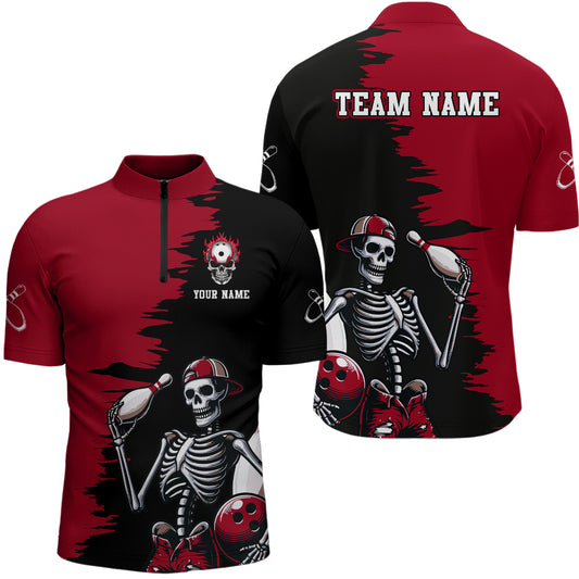 Personalized Skeleton Bowling Shirt for Men Skull Bowling Jersey Quarter Zip Bowling Shirt QZT407