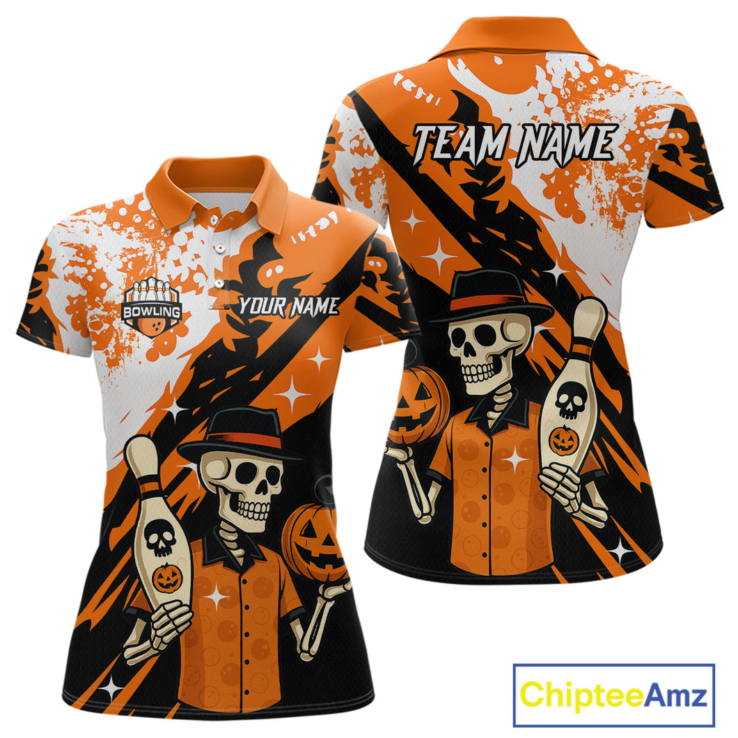 Orange Funny Skull Bowling Shirt for Women Personalized Polo & 1/4-Zip Bowling Jersey Halloween QZT768