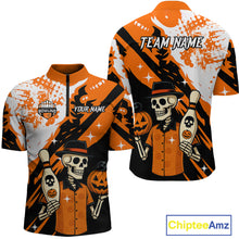 Load image into Gallery viewer, Orange Funny Skull Bowling Shirt for Men Personalized Polo &amp; 1/4-Zip Bowling Jersey Halloween QZT768