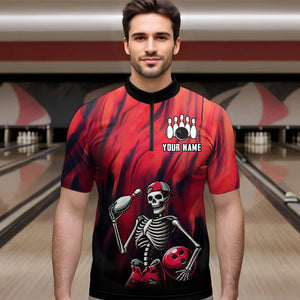 Black & Red Bowling Team Shirt Custom Skull Quarter-Zip Bowling Jersey for Men Women QZT605